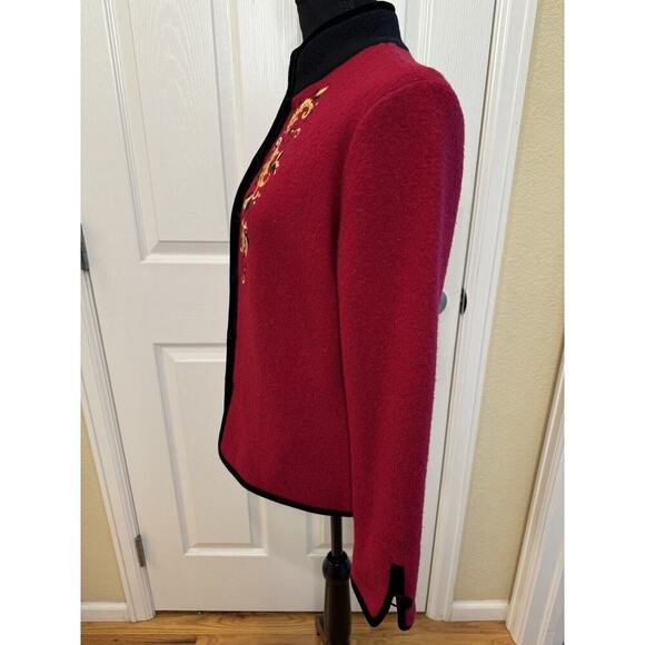 Icelandic Designs 100% Wool Cardigan Sweater Womens M Embroidery Velvet Trim - Picture 7 of 13